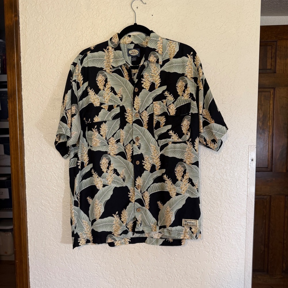 Tommy Bahama Mens S Black Tropical Ginger Flower Palm Rayon Button Down‎ Shirt
